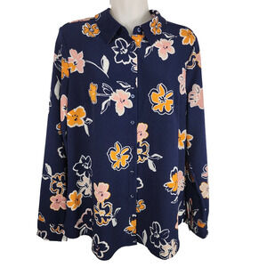 Denim & Co. Women Printed Soft Woven Button Front Tunic Navy Blue Long Sleeve S
